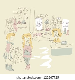 Mall scene with various clothing items, girls and nice cashier