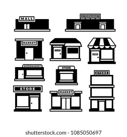 Mall and shop building icons. Shopping and retail pictograms. Supermarket, store exterior vector black symbols isolated. Monochrome building shop and store, market and retail illustration