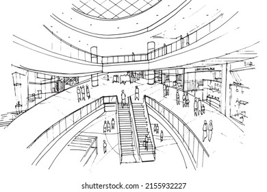 mall sketch drawing,Fashion shops and people walking around.,Modern design,vector,2d illustration