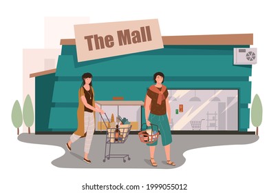 Mall store building web concept. Customers shopping in supermarket, buying food, walking with carts and baskets near store. People scenes template. Vector illustration of characters in flat design