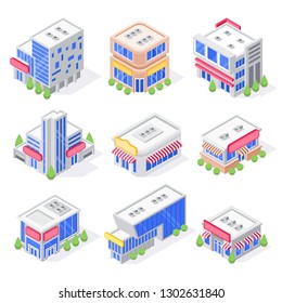 Mall Store Isometric Buildings. Shop Exterior, Super Market Building And Modern City Stores Architecture. Luxury Warehouse, Shopping Mall Or Supermarket Building Isolated 3d Vector Icons Set