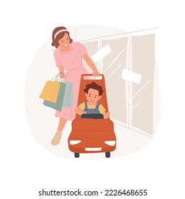Mall stroller isolated cartoon vector illustration. Retail kiddie stroller, plastic car with tablet for rent, shopping mall entertainment for kids, happy toddler with mom vector cartoon.