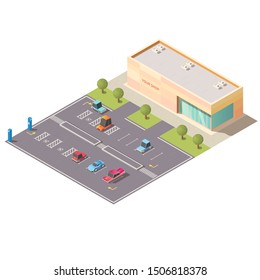 Mall, supermarket car parking area with vehicles, going on road, parked on lots for disabled people near shop building isolated, isometric vector. City transport infrastructure low poly illustration