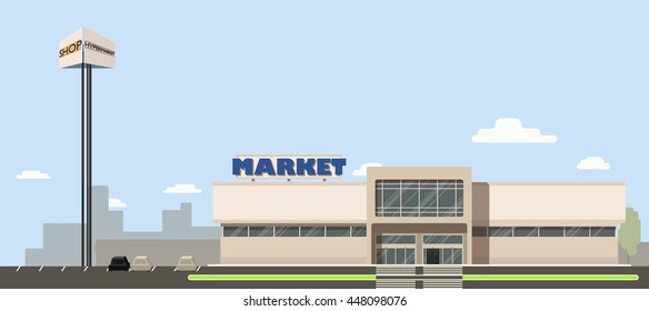 Mall or supermarket or hypermarket building in the city with advertising pillar in flat design