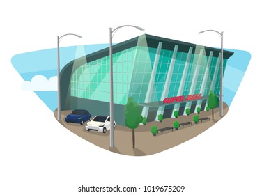 Mall Or Supermarket Isometric Building With Cars And Lantern, Trees And Bushes, Benches. Shop Or Store, Market Or Strip, Shopping Mall Construction Panorama Exterior View. Trading, Sale, Architecture