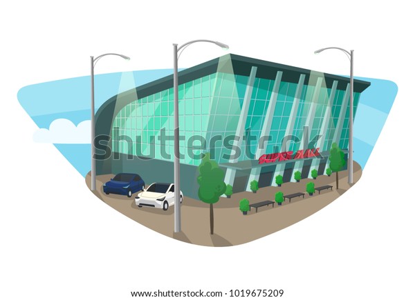 Mall or supermarket isometric building with\
cars and lantern, trees and bushes, benches. Shop or store, market\
or strip, shopping mall construction panorama exterior view.\
Trading, sale,\
architecture