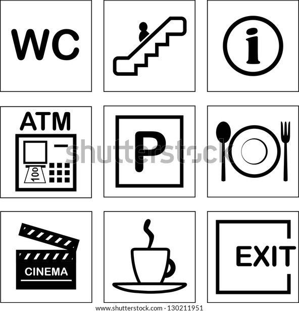 Mall, supermarket , road services signs. WC,\
elevator, information, atm, parking, food court, restaurant,\
cinema, cafe, exit, help\
desk