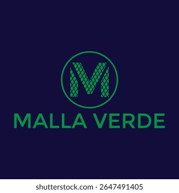 Logotipo Malla Verde com um M de textura verde dentro de um círculo e o nome da empresa em letras verdes em negrito