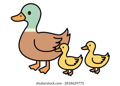 Mallard Duck Cartoon with Ducklings Vector Illustration