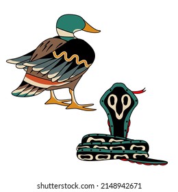 mallard duck and cobra snake suitable for t shirt design