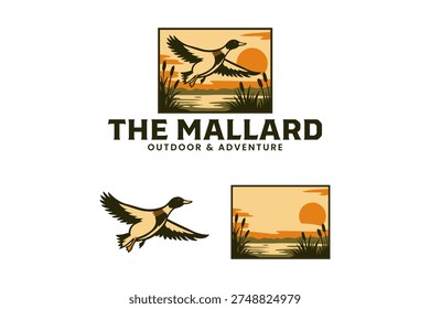 mallard duck flying over lake retro illustration logo design set for adventure and outdoor. Wild mallard duck with sunset lake scene vintage patch emblem element pack for hunting and camping