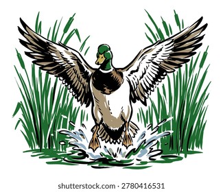 Mallard duck flying vector artwork. Duck hunting season graphic. Wildlife outdoor adventure design. Waterfowl landing in lake. Vintage animal print.