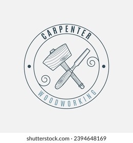 mallet and chisel line art logo vector with emblem illustration template design for carpentry