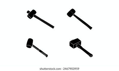Mallet Icon Set. Black and White Set of different vector mallet illustrations