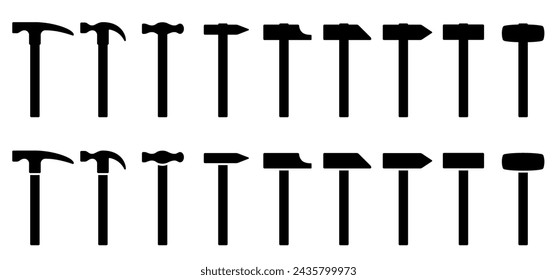 Mallet icon. Types of hammers: claw hammer, bench hammer, sledge hammer, sledgehammer, rubber, wooden, felling, splitting and paving hammer tools. Repair, worker. Working tools.