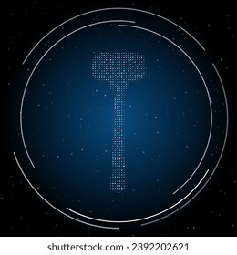 The mallet symbol filled with white dots. Pointillism style. Some dots is red. Vector illustration on blue background with stars