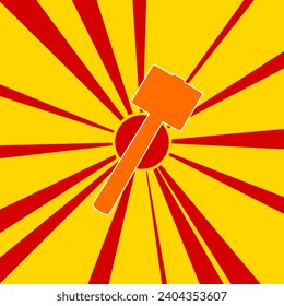 Mallet symbol on a background of red flash explosion radial lines. The large orange symbol is located in the center of the sun, symbolizing the sunrise. Vector illustration on yellow background