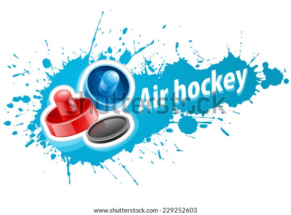 Mallets and puck for playing air hockey game over paint splash with blot drops. Eps10 vector illustration. Isolated on white background