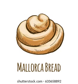 Mallorca bread, sweet bun, full color hand drawn vector illustration