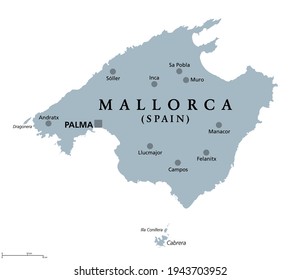 Mallorca, mapa político gris, con la capital Palma y ciudades importantes. Mallorca, la isla más grande de la comunidad autónoma de las Islas Baleares, parte de España, situada en el Mar Mediterráneo. Vector.