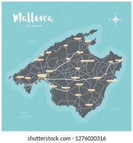 Mallorca Island Holiday Map, Majorca, Baleares, Spain, with streets and cities