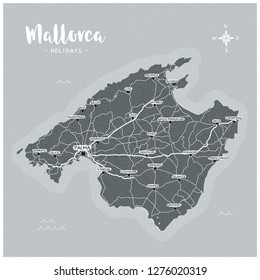 Mallorca Island Holiday Map, Majorca, Baleares, Spain, with streets and cities