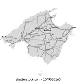 Mallorca Island Vector Map. Highways and City Streets on Grey Background.