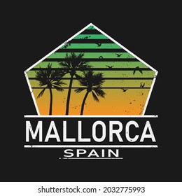 Mallorca. Multicolored bright funny cartoon isolated inscription in frame. Colorful letters. Spain Mallorca for print on clothing, spanish t-shirt, banner, flyer, card, souvenir. Stock vector picture.