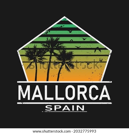 Mallorca. Multicolored bright funny cartoon isolated inscription in frame. Colorful letters. Spain Mallorca for print on clothing, spanish t-shirt, banner, flyer, card, souvenir. Stock vector picture.