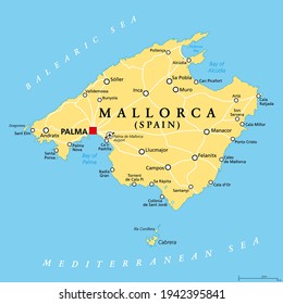 Mallorca politische Karte, mit Hauptstadt Palma und wichtigen Städten. Mallorca, größte Insel der autonomen Gemeinschaft der Balearen, und ein Teil von Spanien, im Mittelmeer gelegen. Vektorgrafik