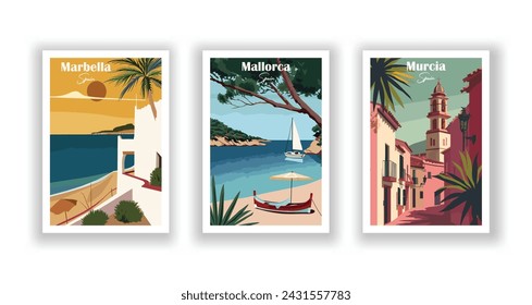 Mallorca, Spain. Marbella, Spain. Murcia, Spain - Set of 3 Vintage Travel Posters. Vector illustration. High Quality Prints