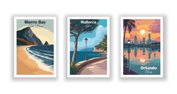 Mallorca, Spain. Morro Bay State Beach. Orlando, Florida - Set Of 3 Vintage Travel Posters. Vector Illustration. High Quality Prints