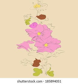 Mallow branch with buds and flowers on it. Sketch.