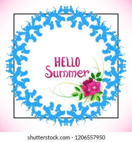 Mallow Flowers and Phrase Hello Summer Vector Illustration. Happy Season Background or Summer Lettering with Blue Butterfly Frame