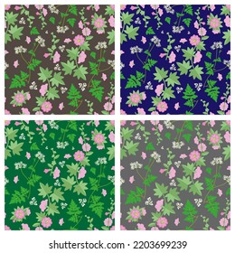 Mallow and parsley bush flowers in white and pink with leaves and stems on blue, gray, green and brown backgrounds. For fabric, textiles, paper and other surfaces.