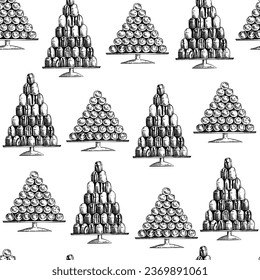 Mallow puffs hand-drawn vector illustration. Schokokuss - delicious marshmallow filling on a waffle base sketch. Traditional Christmas market food seamless pattern