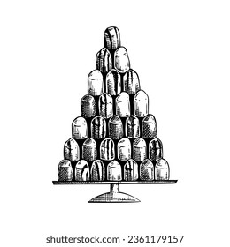 Mallow puffs sketch. Hand-drawn vector illustration. Schokokuss - delicious flavoured marshmallow filling on a waffle base. Traditional Christmas market food, dessert, sweets design element