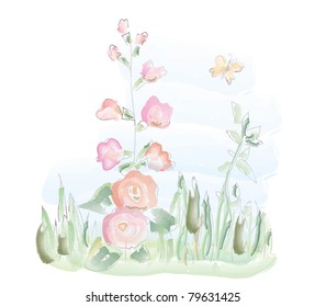 Mallow watercolor card with butterfly