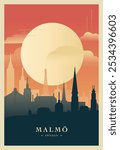 Malmo city brutalism poster with abstract skyline, cityscape retro vector illustration. Sweden travel guide cover, brochure, flyer, leaflet, business presentation template image