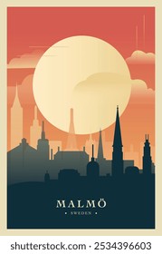 Malmo city brutalism poster with abstract skyline, cityscape retro vector illustration. Sweden travel guide cover, brochure, flyer, leaflet, business presentation template image