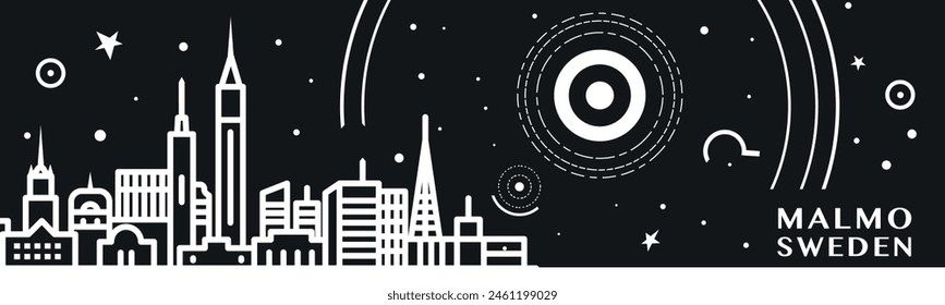 Malmo city thin line style banner with black and white cityscape and skyline. Chalkboard vector horizontal illustration, header, footer for Sweden