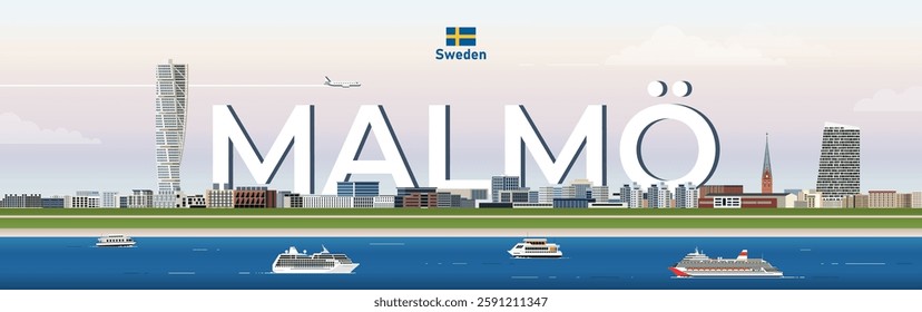 Malmo cityscape colorful vector illustration with big city name on the background. Travel trendy poster
