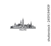 Malmo cityscape skyline city panorama vector flat modern logo icon. Sweden town emblem idea with landmarks and building silhouettes. Isolated thin line black graphic