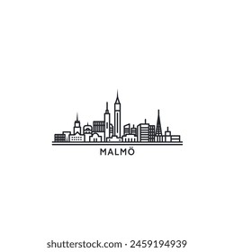 Malmo paisaje urbano horizonte ciudad panorámica Vector plano moderno logo icono. Idea de emblema de la ciudad de Suecia con Lugares famosos y siluetas de construcción. Gráfico en negro de línea fina aislado