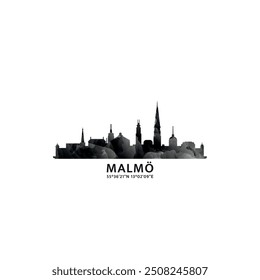 Malmo panorama, vector badge, skyline logo and icon. Sweden city horizon logotype with landmarks and building silhouettes. Isolated foggy abstract gradient graphic