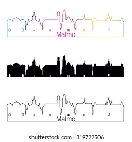 Malmo skyline linear style with rainbow in editable vector file