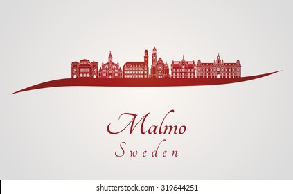 Malmo skyline in red and gray background in editable vector file