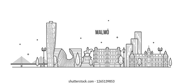 Malmo skyline, Sweden. This illustration represents the city with its most notable buildings. Vector is fully editable, every object is holistic and movable