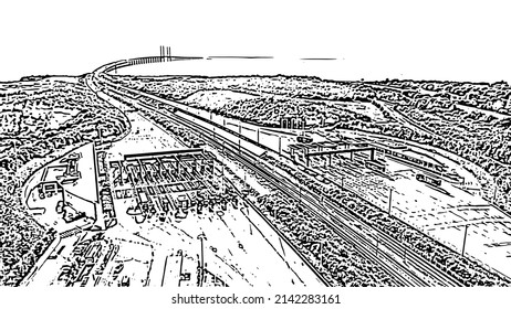Malmo, Sweden. Car payment point. Oresund bridge. Bridge with an artificial island between Sweden and Denmark. Doodle sketch style. Aerial view