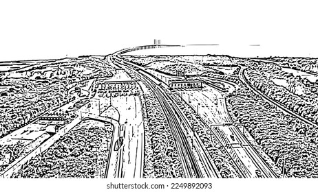 Malmo, Sweden. Car payment point. Oresund bridge. Bridge with an artificial island between Sweden and Denmark. Doodle sketch style. Aerial view